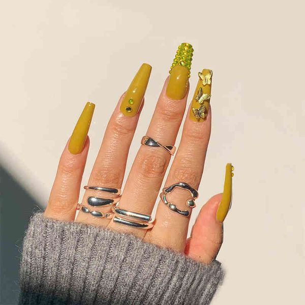 

false nails 24pcs/box long trapezoid fake nails with jewels decorated wearabel false with glue and wearing tools 220225, Red;gold