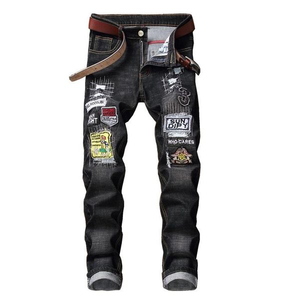 

new fashion hole badge embroidered jeans men's slim straight denim trousers brand mens street stretch casual jeans, Blue