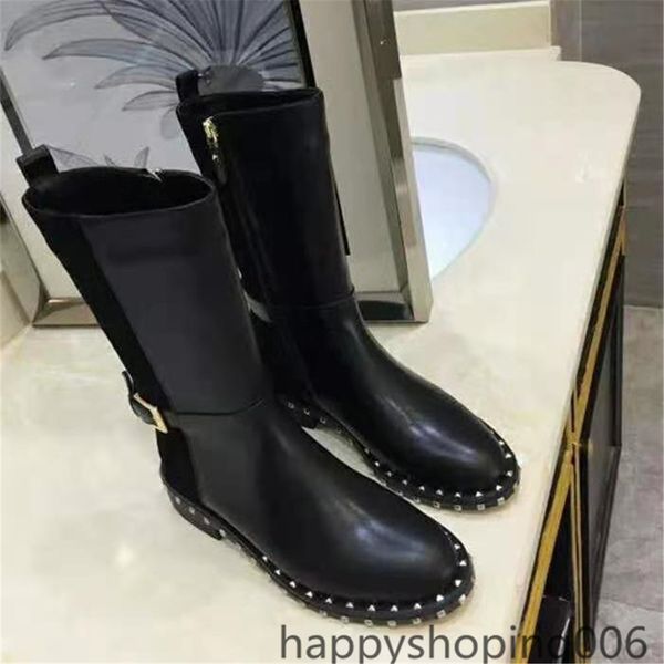 

2020new arrival womens rivet mid-calf real leather knight winter motorcycle square heel boots size 35-40, Black