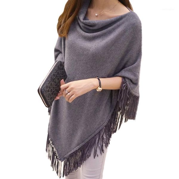 

2019 women shrugs autumn autumn knitted sweater poncho coat elegant pullover jumper irregular tassel hem cape cloak pull femme1, Black