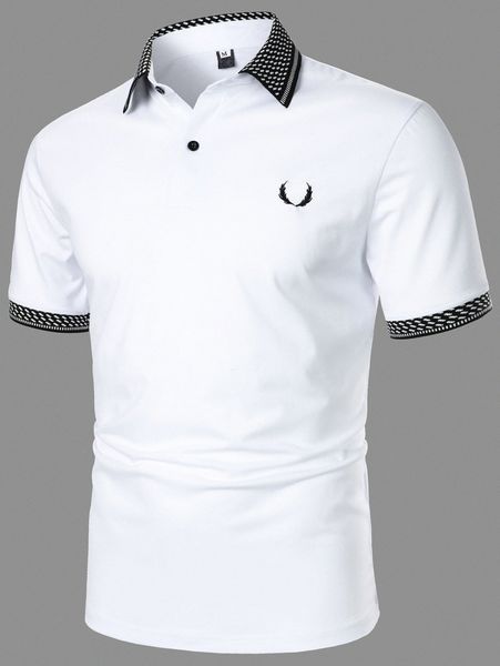 

men antler embroidery striped trim polo shirt y8jo#, White;black