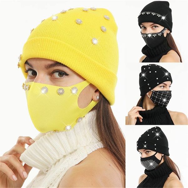 

hat mask set fashion solid color diamond decoration winter knit beanies hat thick warm mask caps women windproof outdoor ski cap e112104, Yellow