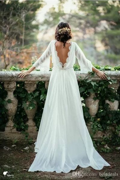

ivory lace 3/4 long sleeve backless bohemian wedding dresses 2022 summer court train flow chiffon plus size beach bridal gowns ba6310, White