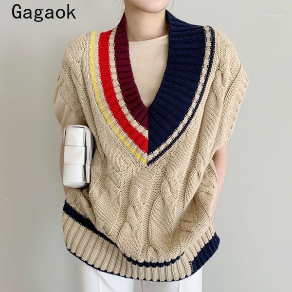 

gagaok korean knitted sweater vest women 2021 spring autumn new v-neck office lady patchwork loose chic outwear wild vests k41531, Black;white