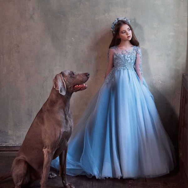 

2021 sky blue flower girl dresses for wedding beads appliques long sleeve kids pageant gowns birthday first communion dress, Red;yellow