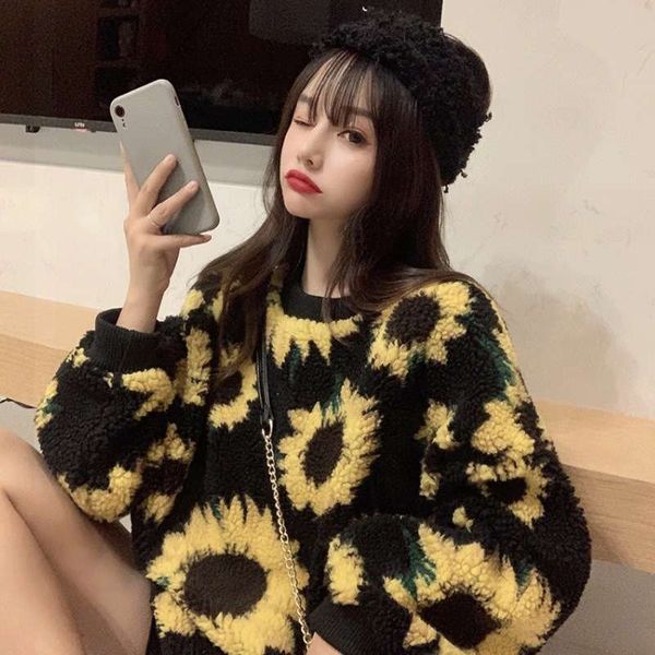 

lambs sweater women autumn winter 2020 new loose super fire ins coat with cashmere thickening, Black