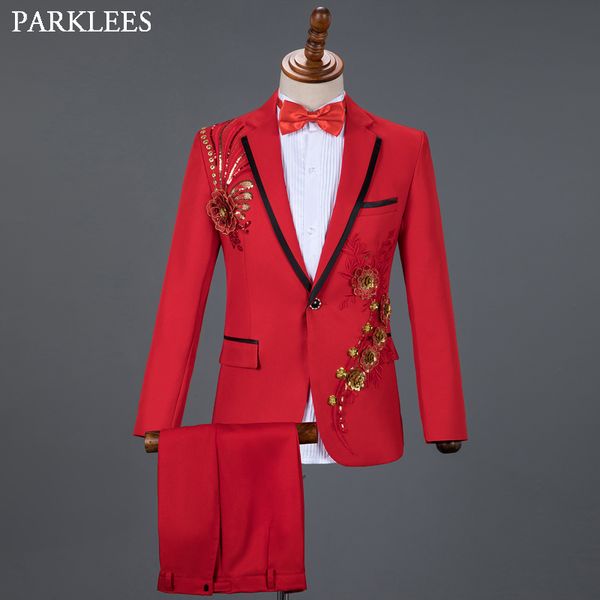 Rouge Diamant Floral Hommes Costumes pour Mariage Costumes Pour Hommes 3 Pièce Blazer + Pantalon + Noeud Papillon Mode Tuxedo Hommes Costume Set Stage Costume Homme 201027