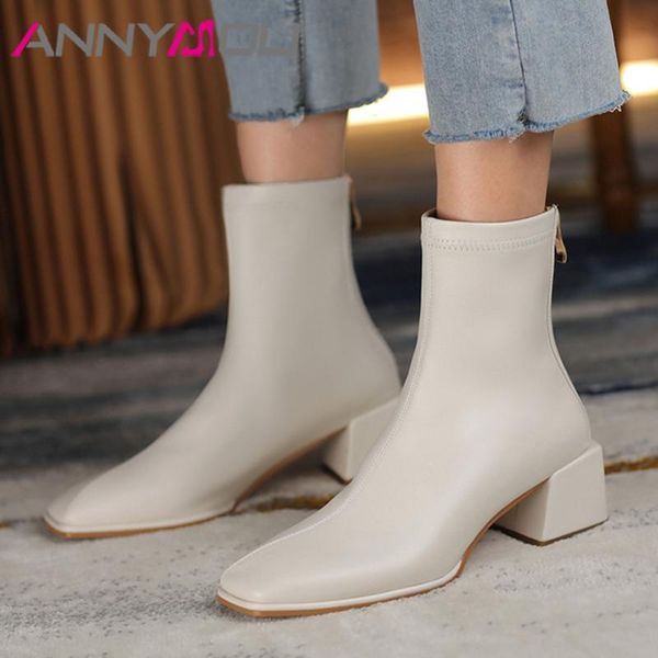 

annymoli real leather ankle boots high heel woman boots thick heel short zip square toe ladies shoes autumn winter beige, Black