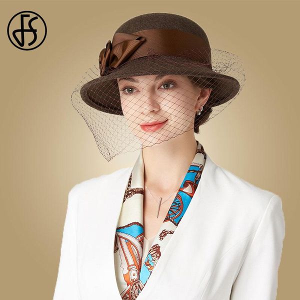 

stingy brim hats fs wide black wool cloche with veils flowers bowler fedora hat for women ladies winter felt caps chapeau femme, Blue;gray