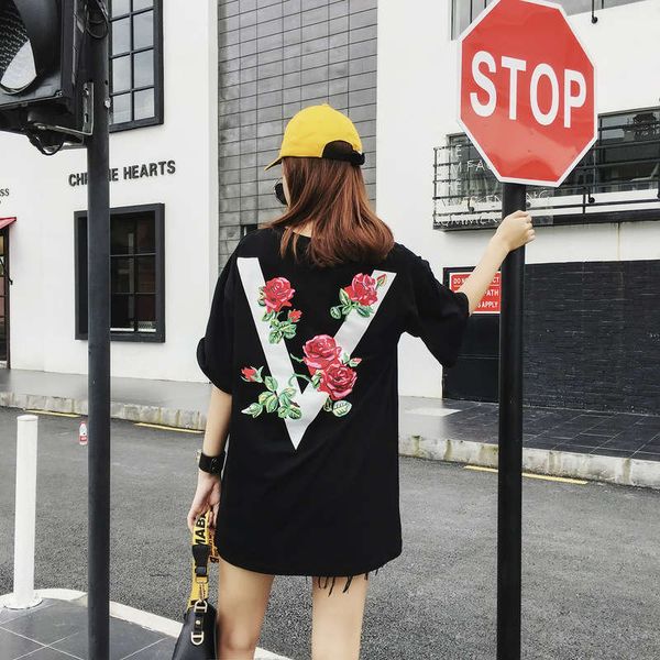 

20ss summer short sleeve fashion men's street hip hop style rose embroidered crew neck loose t-shirt for women bf korean version, Black;gray