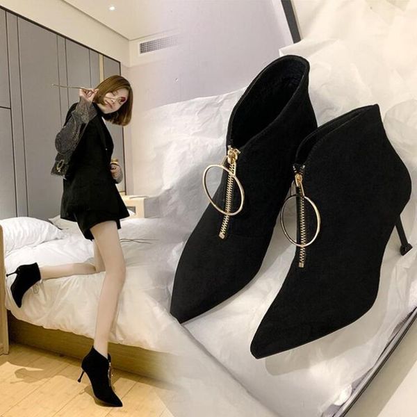 

boots olomm winter ladies fashion high heel retro ankle flock 2021 short plush fur warm ty-211, Black