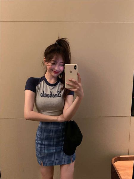 

tight women's net red versatile casual summer wind high waist letter short sleeve t-shirt fashion ins, Black;gray