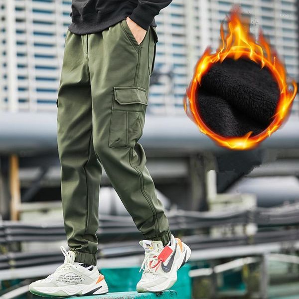 

winter fleece men pants hip hop harem jogger thicken male trousers mens joggers solid multi-pocket cargo pants sweatpants 6xl1, Black