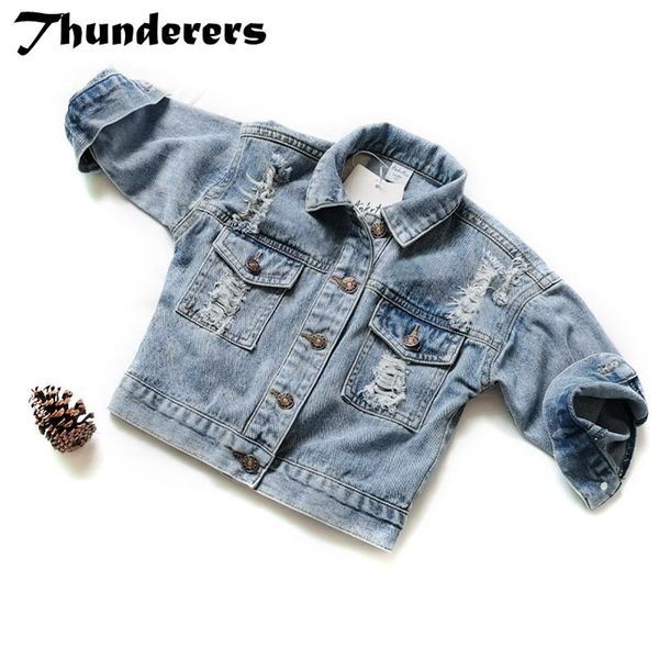 

thunderers spring autumn kids jacket for girls ripped holes children jeans coats boys girls demin outerwear costume 24m-7y lj200813, Blue;gray