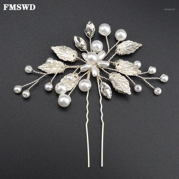

hair clips & barrettes 2021 leaf shape bride hairpin crystal head jewelry handmade imitation pearl wedding accessories rhinestone hairpin1, Golden;silver