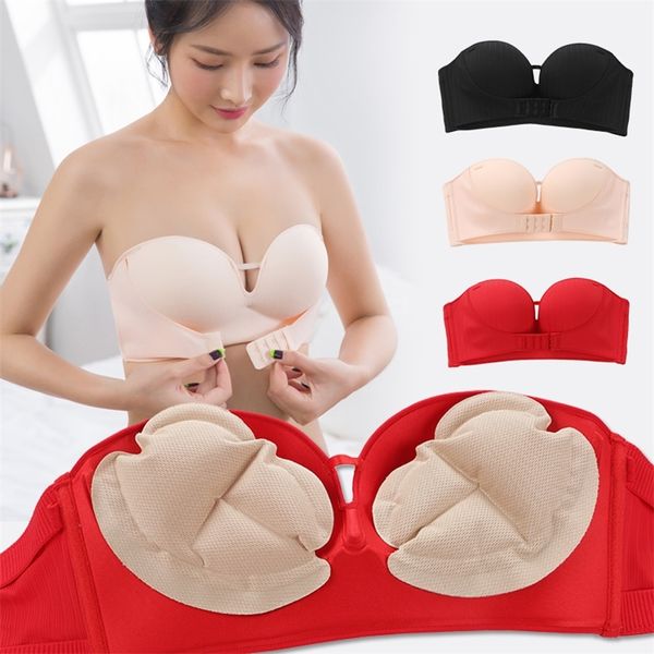 

strapless non-slip bras female underwear small chest send inflatable chest pad front 4 breasted gathered invisible push up bra lj200826, Red;black
