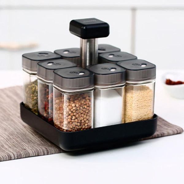 

rotating glass cruet seasoning jar set kitchen jars for spices bbq pepper salt shakers paprika bottle kitchen storage rack jar1