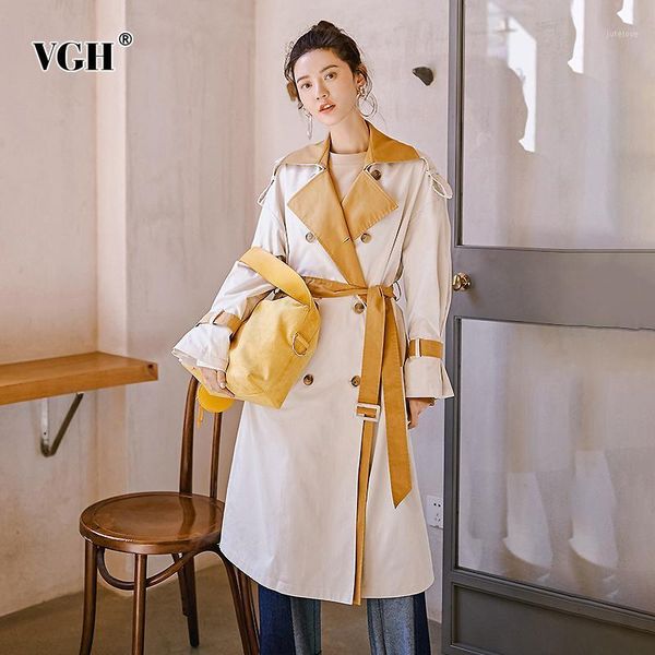 

vgh casual hit color women's windbreakers lapel collar long sleeve high waist lace up loose trench coats for female fashion tide1, Tan;black