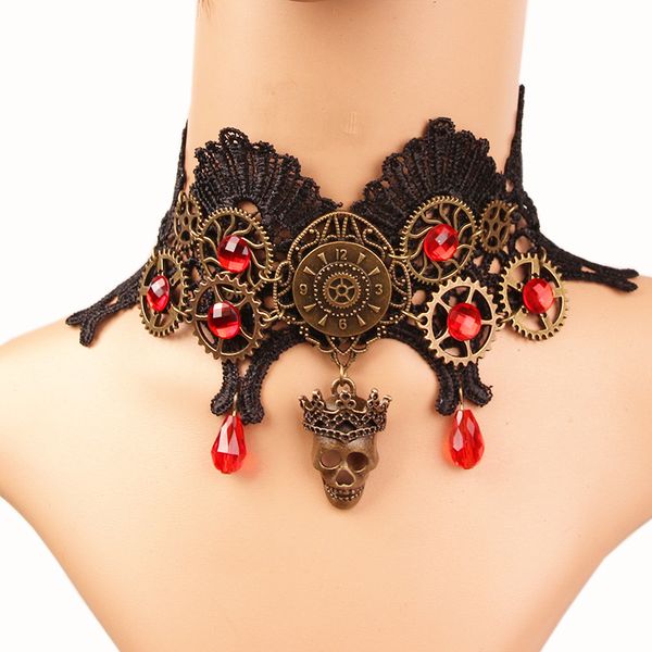 

vintage spider skull ghost hand gothic choker collar beads wing black lace necklace for women mexican halloween fashion jewelry, Blue;red