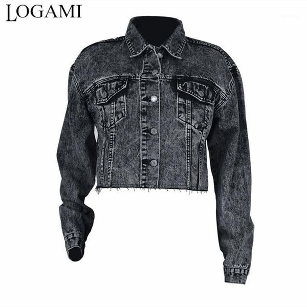 

logami denim jacket women 2020 turn-down collar pocket coats and jackets woman punk short jacket dark grey1, Black;brown