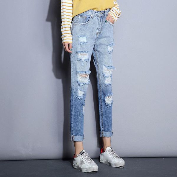 

2021 straight jeans women's hole spring autumn new korean high waist loose thin harlan beggars pants versatile capris, Blue