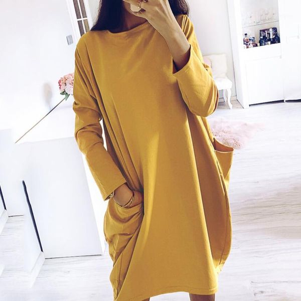 

fall winter woman dress loose casual o neck solid color long sleeve dress fashion vintage oversize pockets dresses for women1, Black;gray
