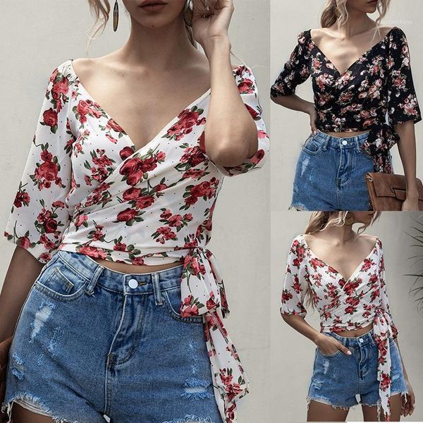 

women summer floral boho blouse deep v neck half sleeve crop front tie up knot blouse1, White