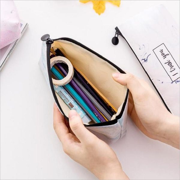 

marble zipper school pencil case large pu leather waterproof pencil pouch bag for girl kawaii school supplies stationery product wmtsao