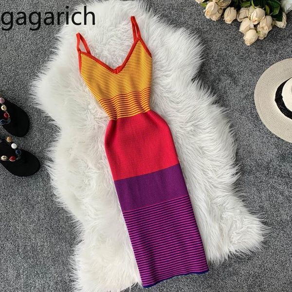 

gagarich women dress 2020 summer knitted spaghetti strap color striped stretch long bodycon ladies dresses robe femme y0118, Black;gray