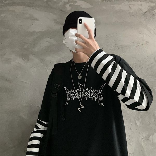 

lychee harajuku patchwork striped women t-shirt fake 2 pieces women t shirt letter print long sleeve lady t-shirts y200109, White