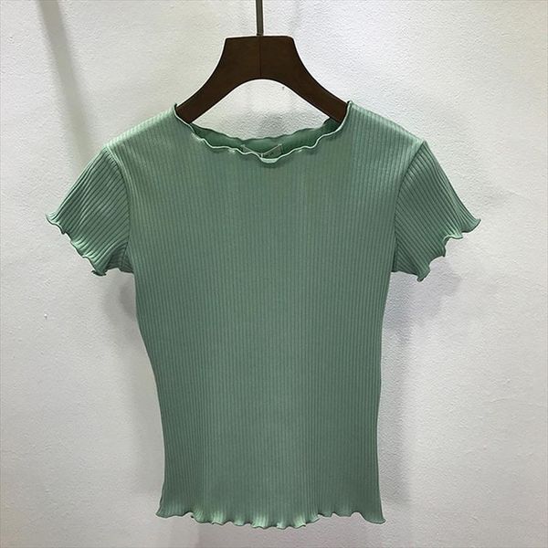 

tees женщины ruffled рубашка трешивания ребристых урожай уровень сплошная мода короткая рукава мягкая и лесовая короткая футболка женщина ур, White