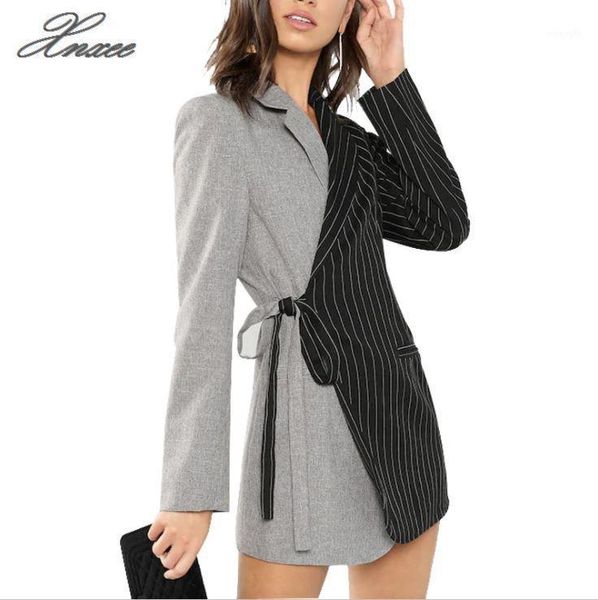 

autumn women blazers and jackets colorblock tie waist surplice wrap womens blazer notched outerwear ladies long coat1, White;black