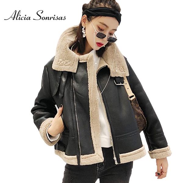 

pu leather lamb jacket women 2020 winter velvet thick fur lamb warm coat short black motorcycle biker faux sheepskin parka dby16