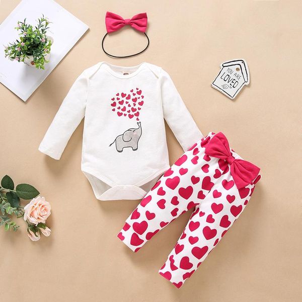 

newborn infant baby girl clothes set winter long sleeve heart print romper bodysuit+bowknot pants+headband outfit suit, White