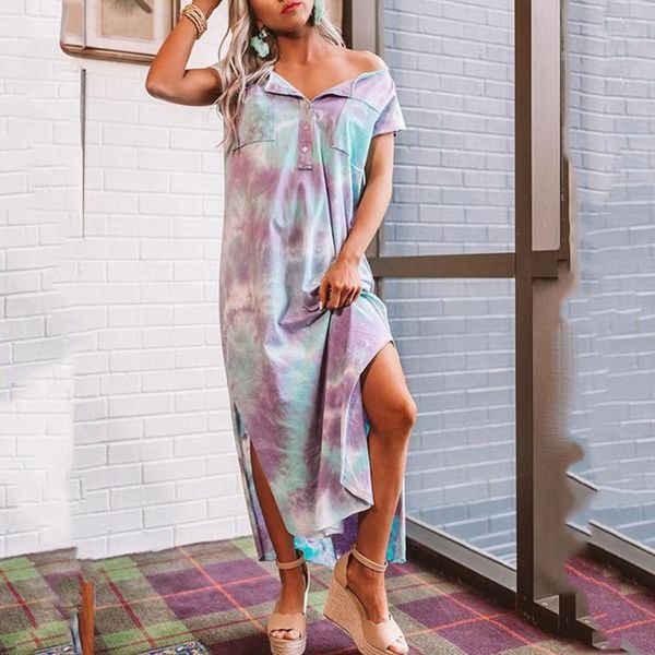 

summer bohemian tie-dye printed split beach dress womens casual sleeveless buttons pockets sides split loose maxi dress1, White;black