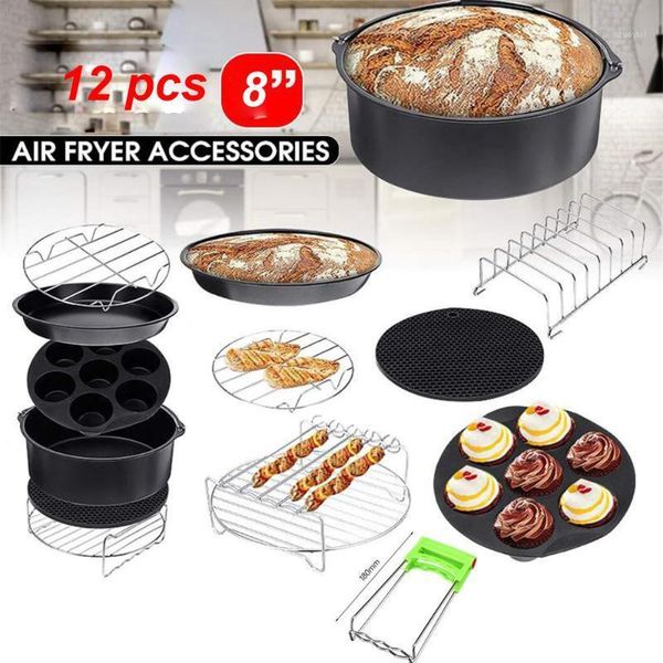 

air fryers 12pcs fryer accessories 8 inch fit for airfryer 5.2-6.8qt baking basket pizza plate grill pot kitchen cooking tool party1
