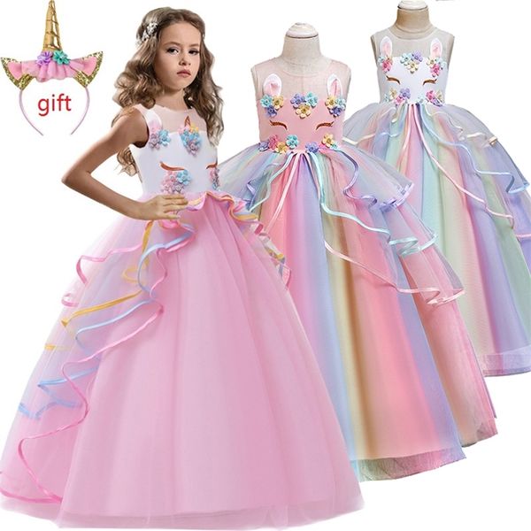 

christmas send a gift high-grade birthday evening party child wedding dress 4-14y girls embroidered applique unicorn long dress y200623, Red;yellow