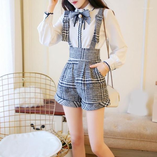 

summer women bow pearl white blouse shirt plaid wool suspender shorts set pant set sweet wide leg 2 piece1