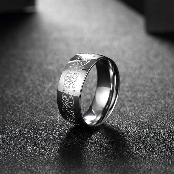 

factory87huengraved men's with 8mm band stainless steel ring florentine design us size 7-10, Silver