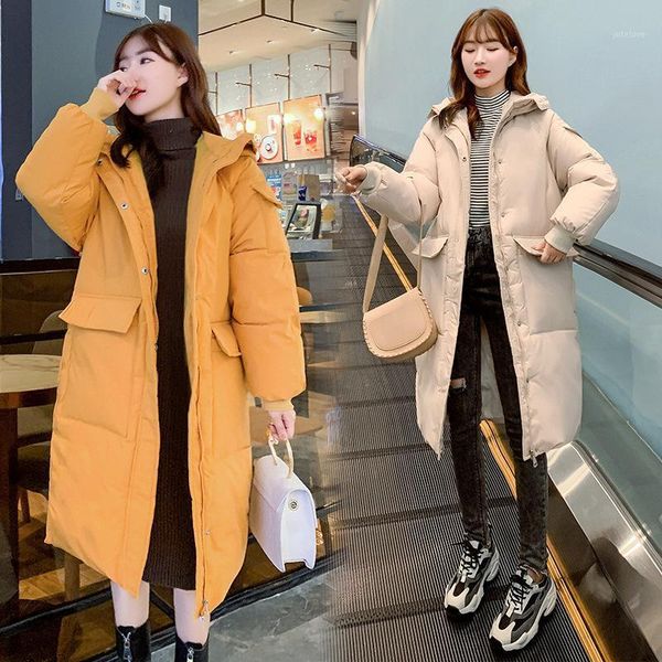 

long solid color cotton jacket 2021 winter women's hooded wadded jackets warm loose bread korean style simple zipper pocket coat1, Black