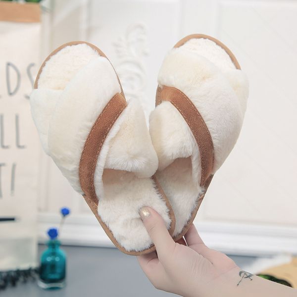 

winter solid corss fur slippers for women house winter warm plush ladies flat shoes indoor bedroom women furry slippers, Black