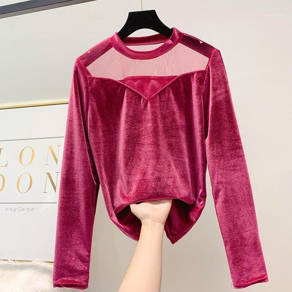 

t women 2019 autumn winter new velvet mesh stitching blouse blusas femme long sleeve t camiseta mujer1, White