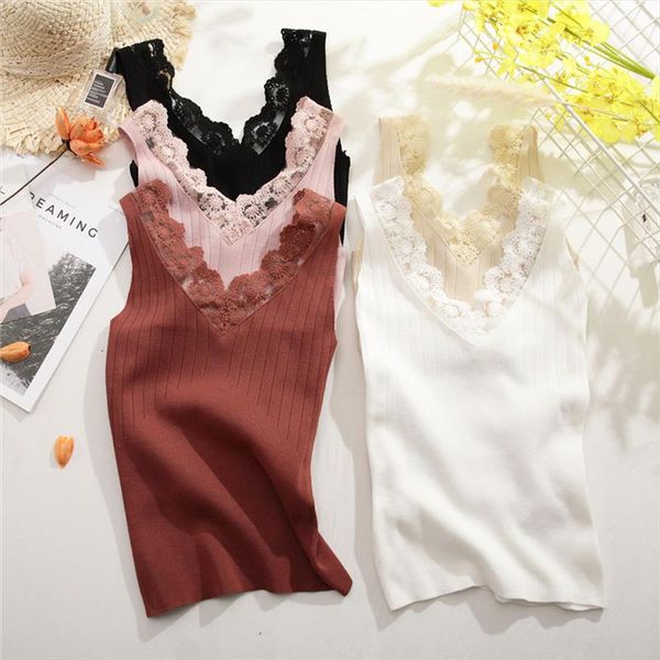 

2020 basic lace camisole summer knit tank women v neck camisole female camis high elasticity casual tank, White