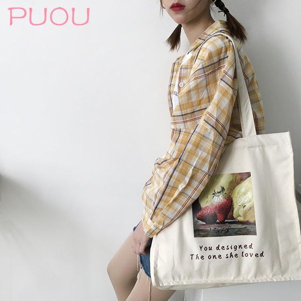 

women large capacity canvas bag strawberry rose print shoulder bag cotton fabric shopping bags books handbag big tote for girls