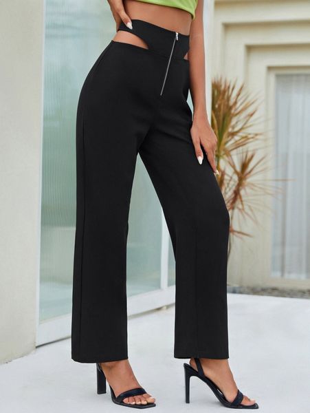 

zipper fly cutout waist pants f0dn#, Black;white