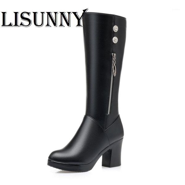 

2020 women long boots winter shoes high heel women snow boots genuine leather wool warm winter footwear ladies1, Black