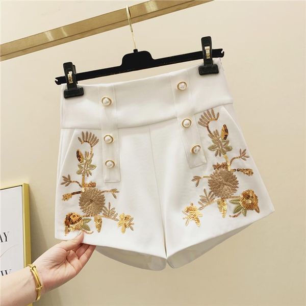 

french style embroidered double breasted shorts female spring retro pearl button high waist temperament sequined shorts drop shipping, White;black
