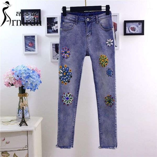 

2020 spring sequins floral pencil jeans, women's flower pencil pants jeans1, Blue