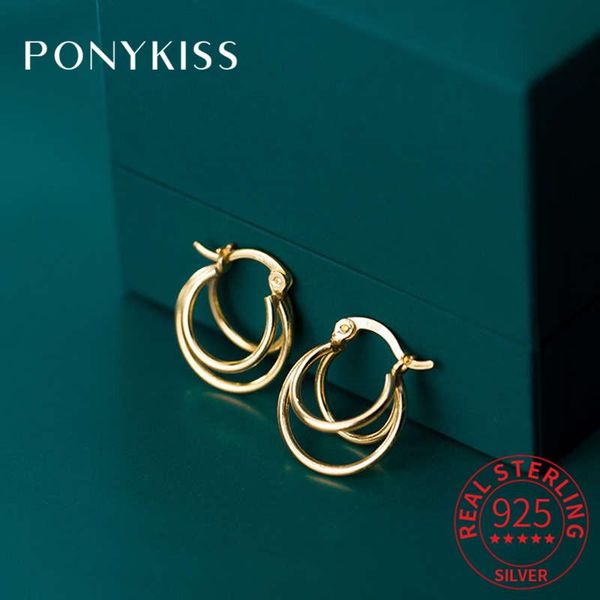 

ponykiss 100% 925 sterling silver chic three layer geometric hoop earrings simple fashion party accessory women fine trendy gift, Golden;silver