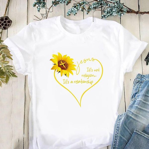 

sunflower jesus its not religion its a relationship t shirt women short sleeve sunflower jesus shirt christian t-shirt clothes, White